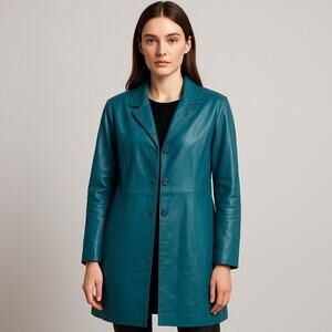 Vintage Roaman’s Teal Genuine Leather Trench Coat Long Button Jacket 90s Style